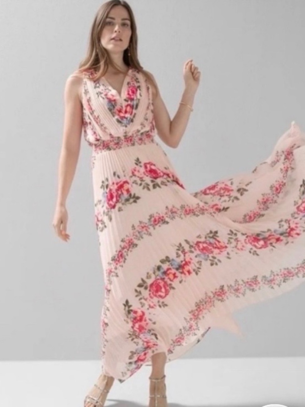White House Black Market floral pleated v neck flowy dress - Picture 2 of 12